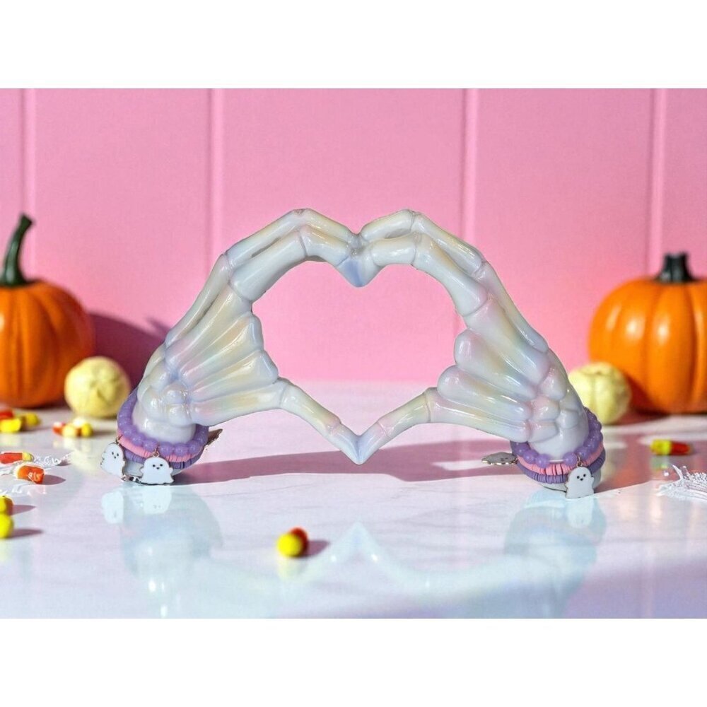 New LRG Pink Purple Skeleton Heart Hands Sculpture Love Halloween Holiday Decor